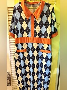 SHEIN Blue, Navy & Orange Argyle Knit Dress